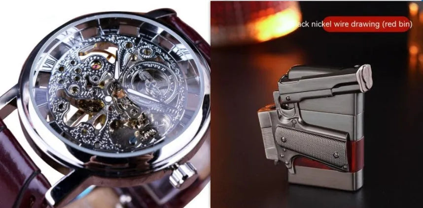 Men's automatic mechanical watch with 4cm dial and leather strap on a grey background
