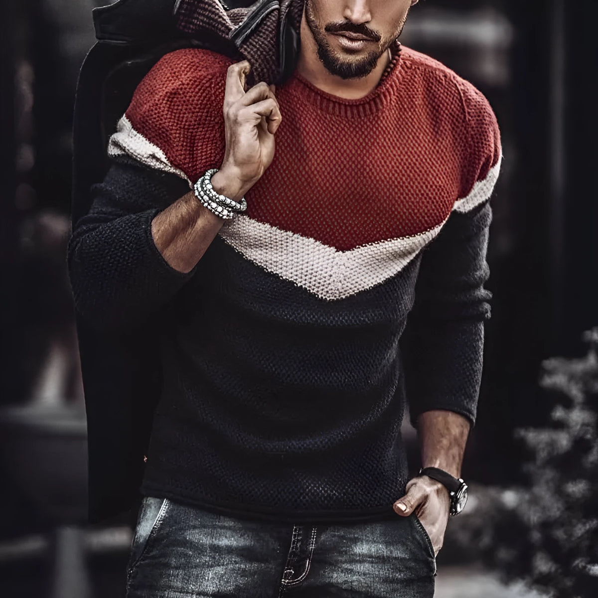 Men's slim fit long sleeve round neck sweater in red black colour matching, Asian sizes S to 3XL, autumn casual knit