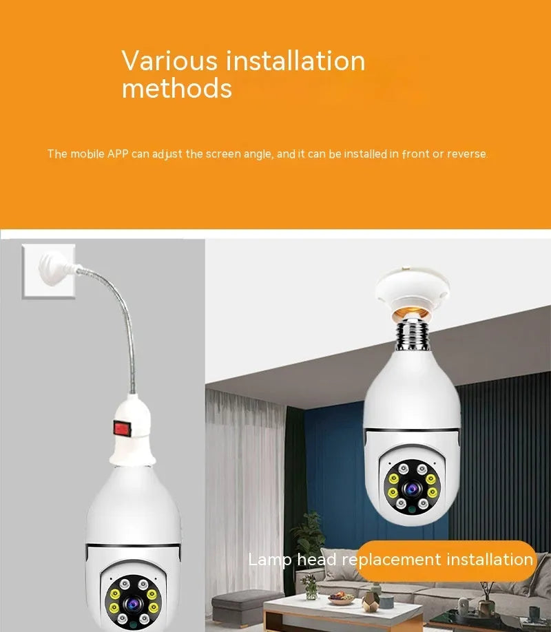 Wireless bulb security camera with plastic and metal construction measuring 5cm by 12cm