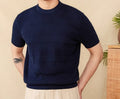 Men's retro-style short-sleeved cotton T-shirt on a hanger, shown in off-white and royal blue colour options.