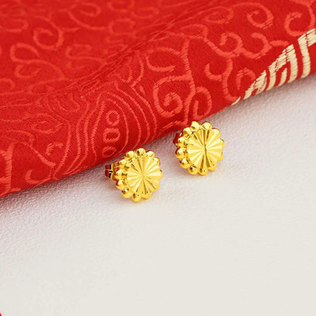 24K gold plated ear stud earrings for women, gold plated copper flower design