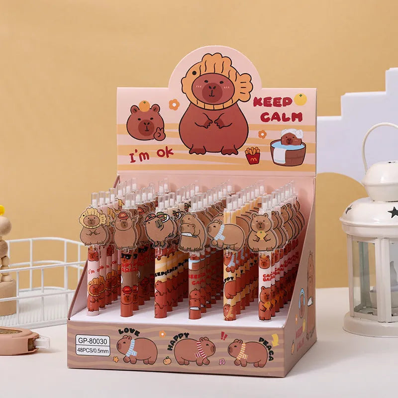 Box of 48 cartoon bear design gel pens with plastic bodies and carbon black ink.