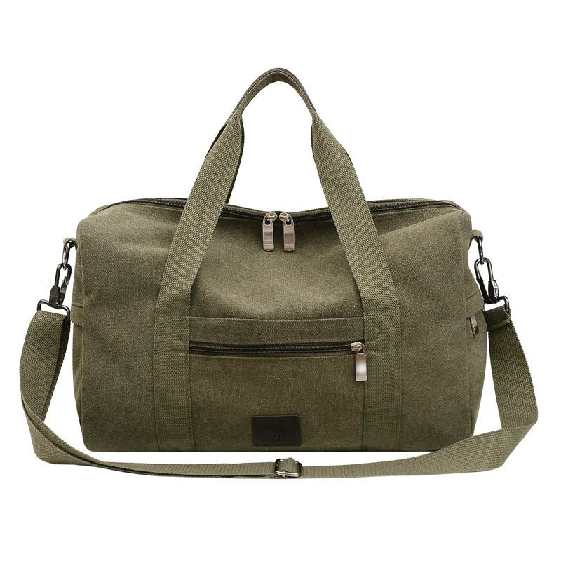 Men's canvas travel duffel bag in army green with three straps and polyester material