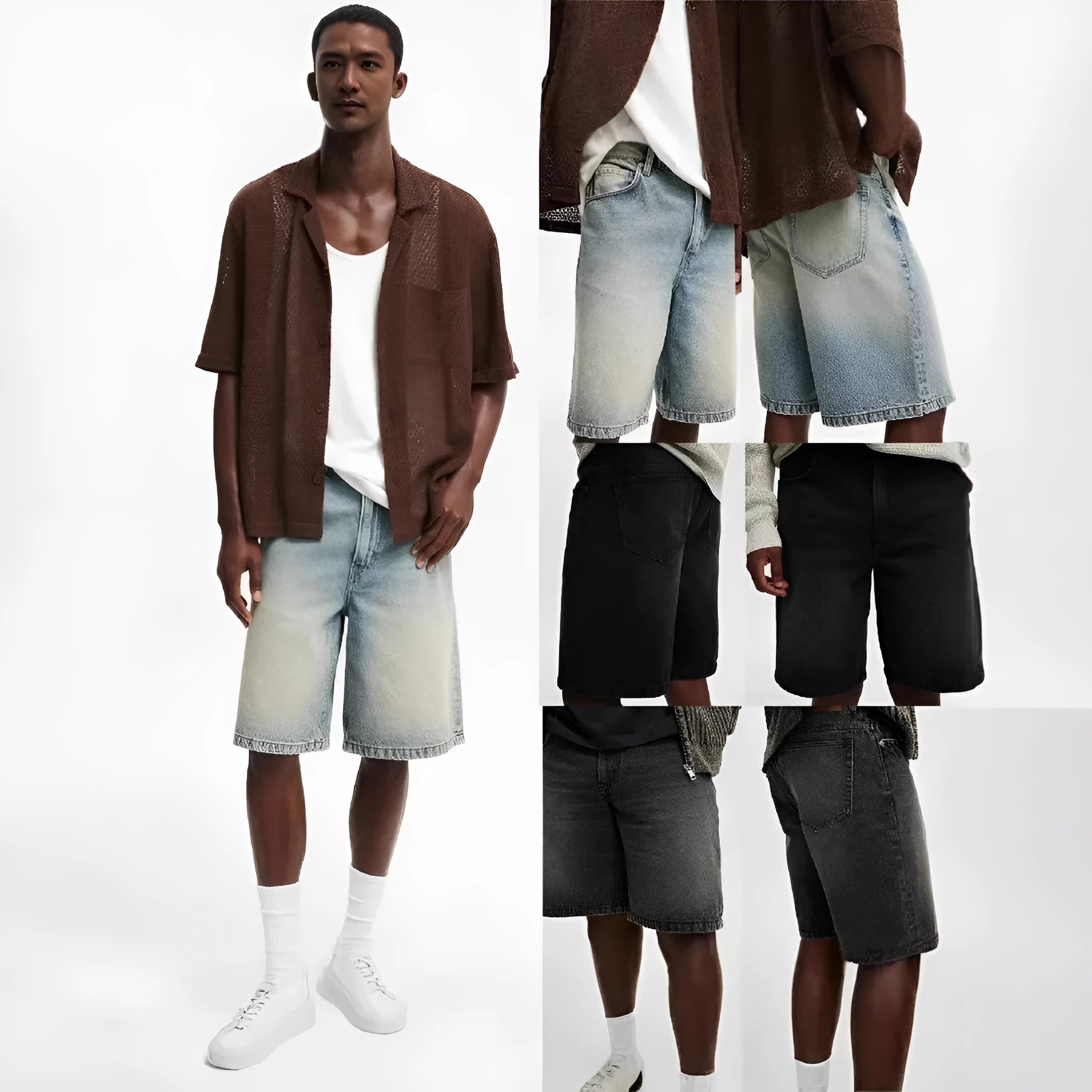 Men's loose fit straight-leg jeans trousers in light blue, black, and grey cotton denim.