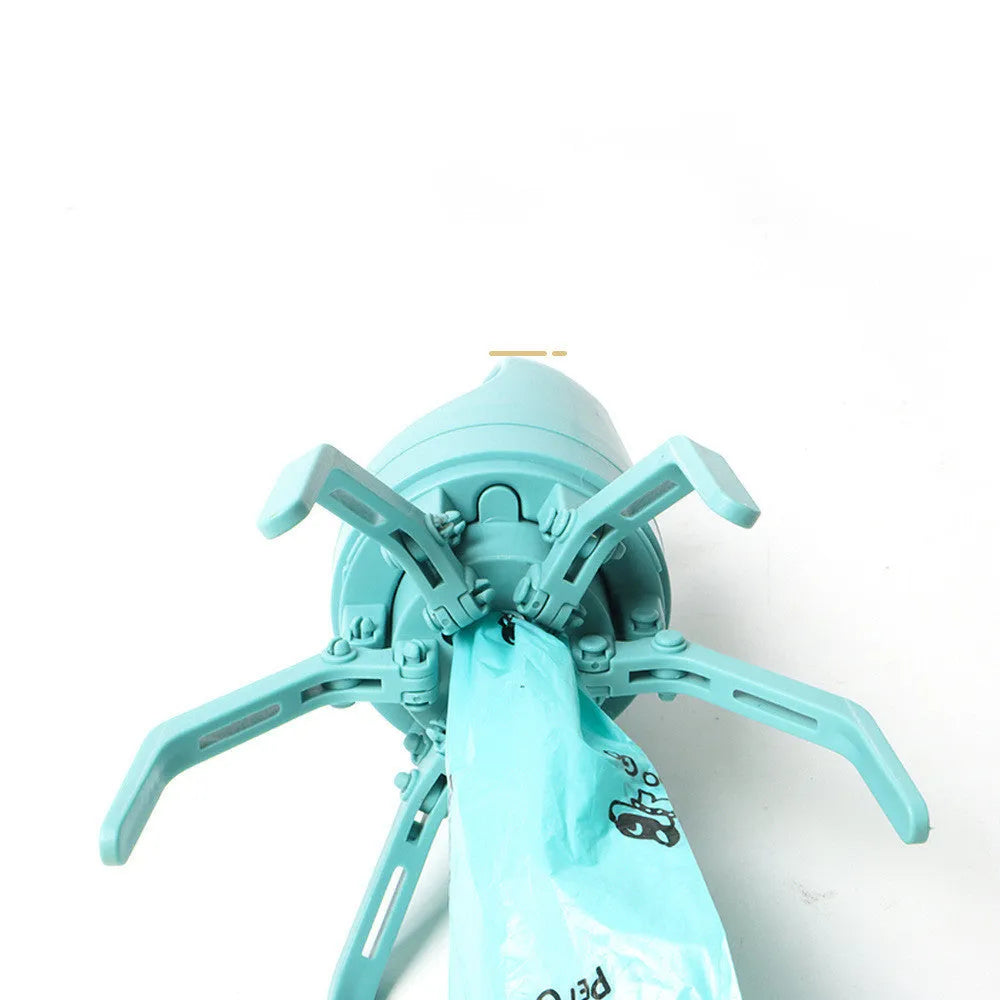 Blue portable dog pooper scooper with built-in bag dispenser and eight-claw shovel mechanism