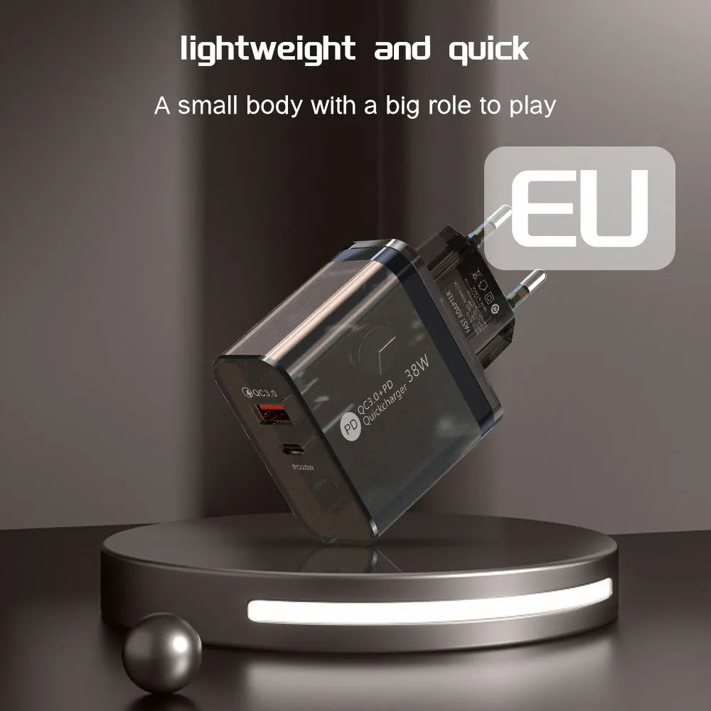 38W transparent plastic case Type-C charging adapter with EU round plug feet