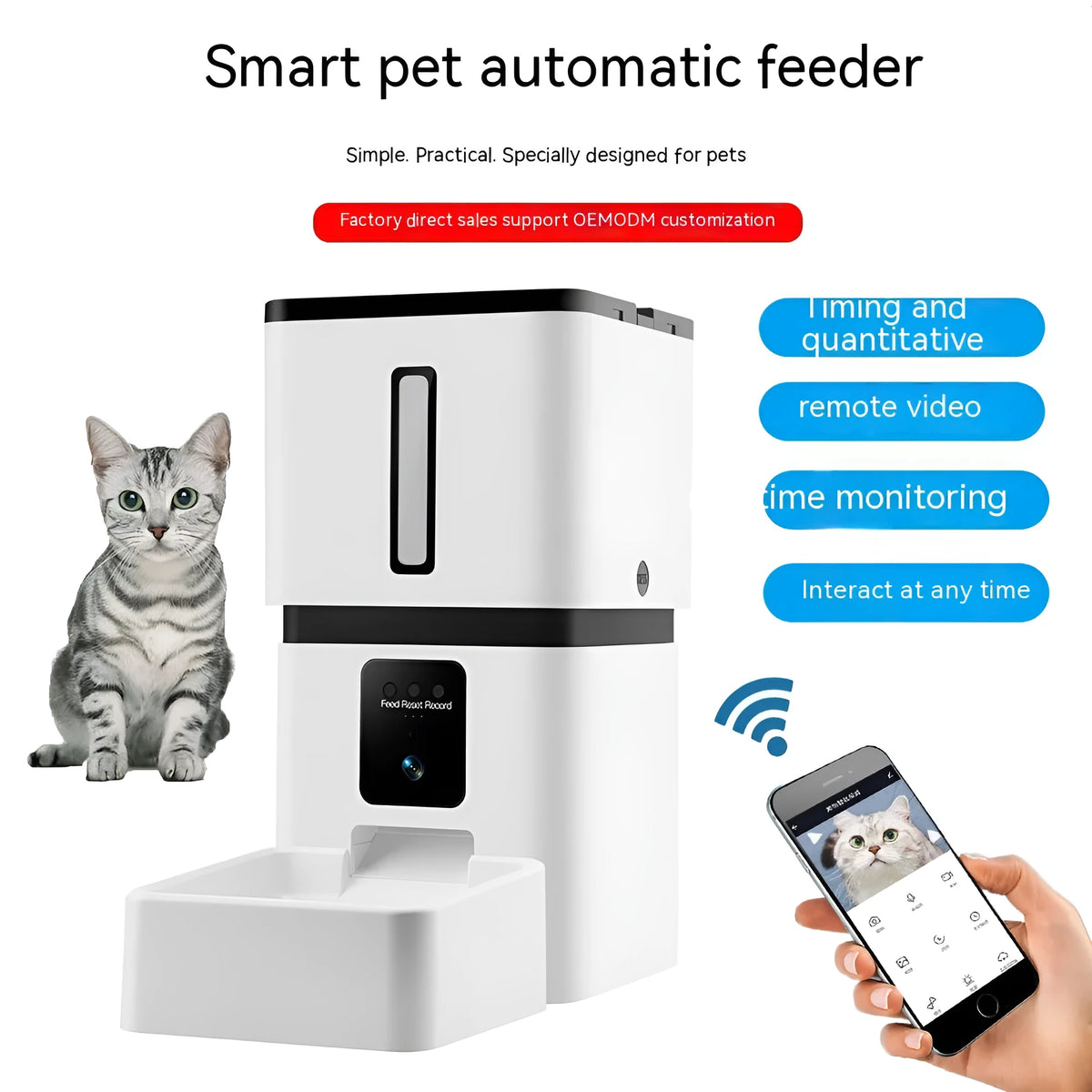 White 8L WiFi intelligent pet feeder with automatic timing and quantitative dispensing for dogs and cats