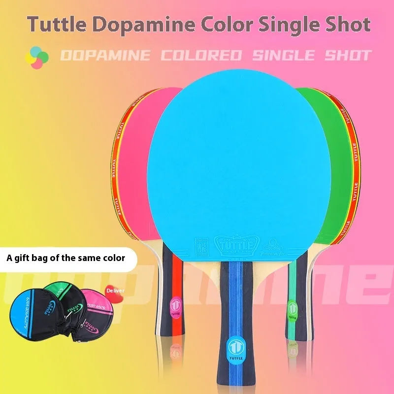 Colourful table tennis racket with pure wood construction and long handle next to matching protective bag