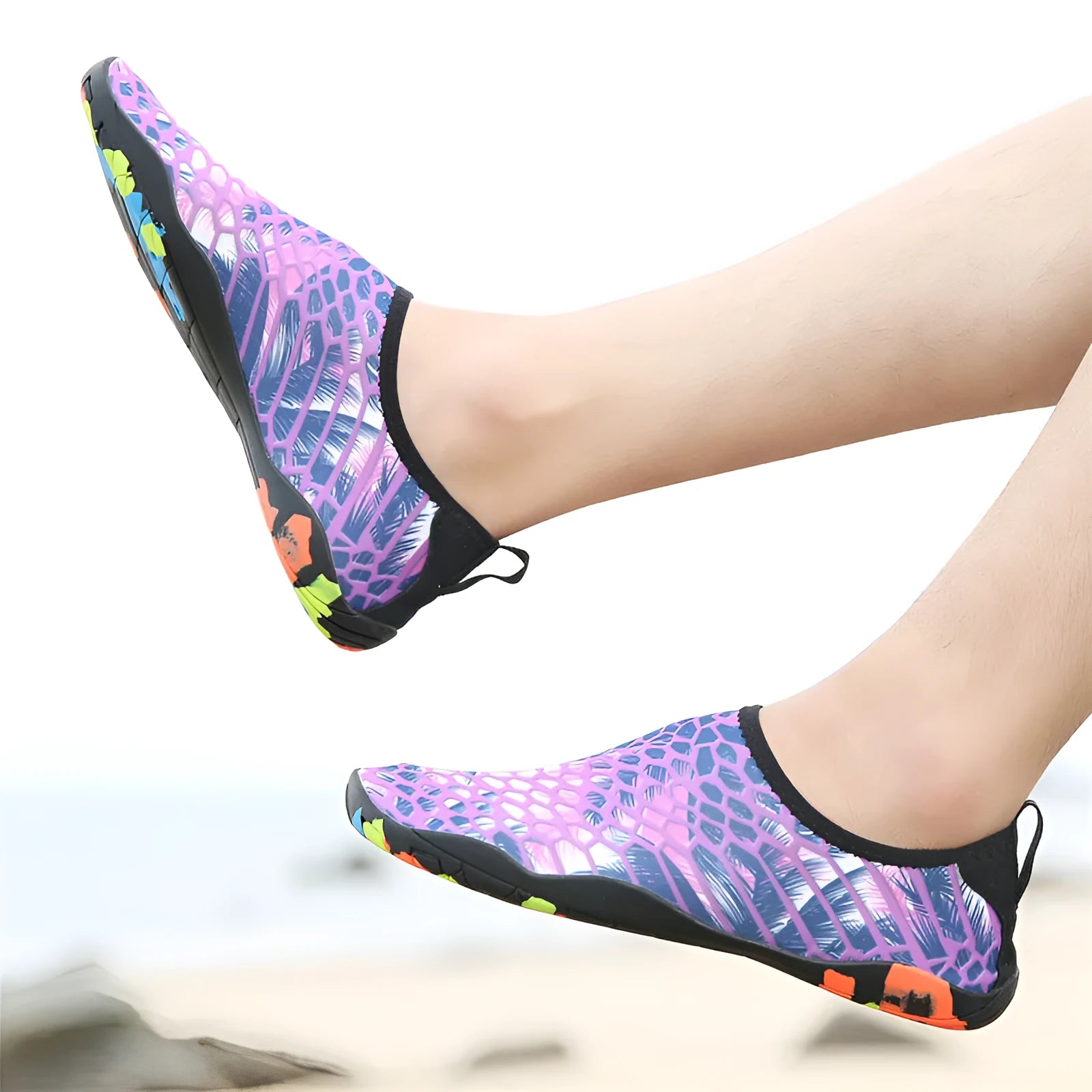 Lycra beach wading shoes with EVA midsole in blue, shown on a sandy shore.