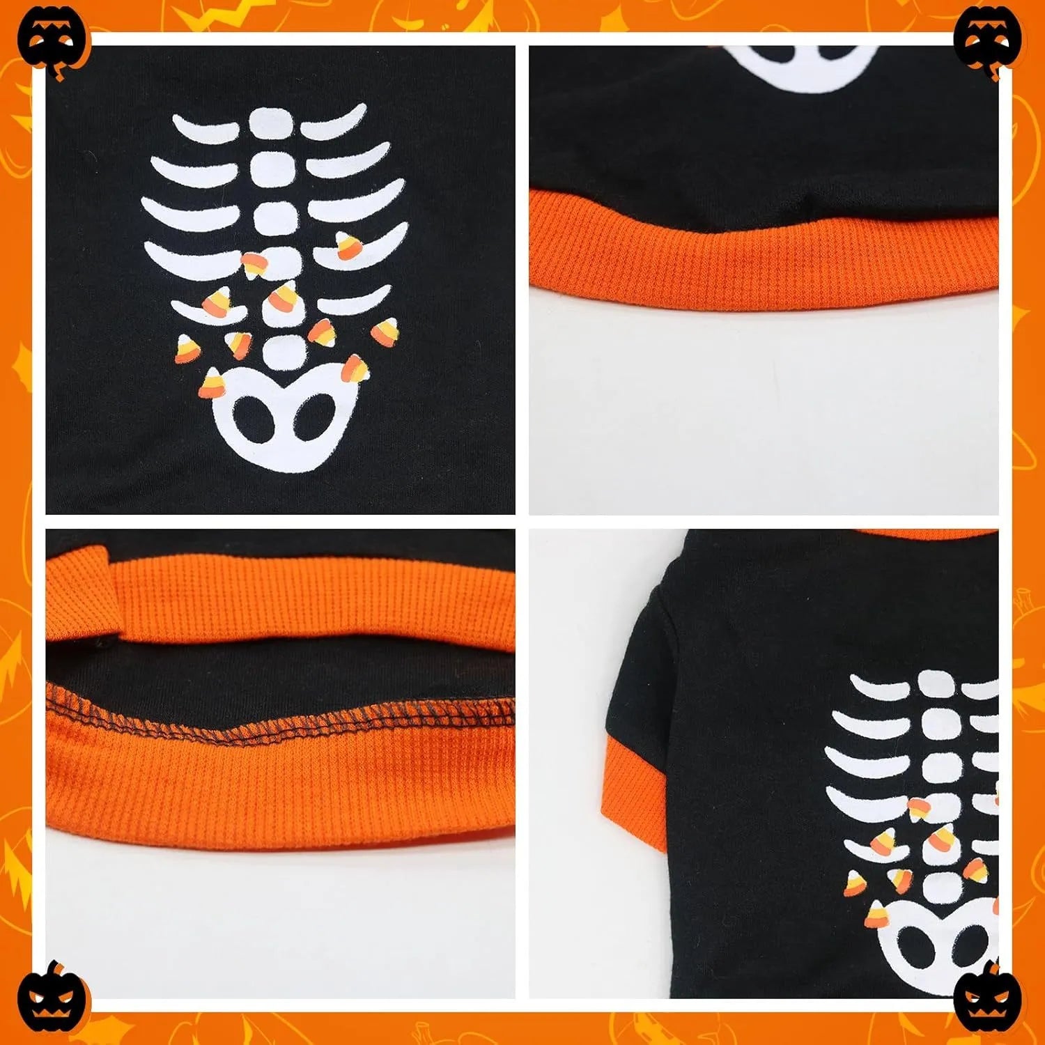 Orange Halloween dog sweatshirt with skeleton print on small Dachshund