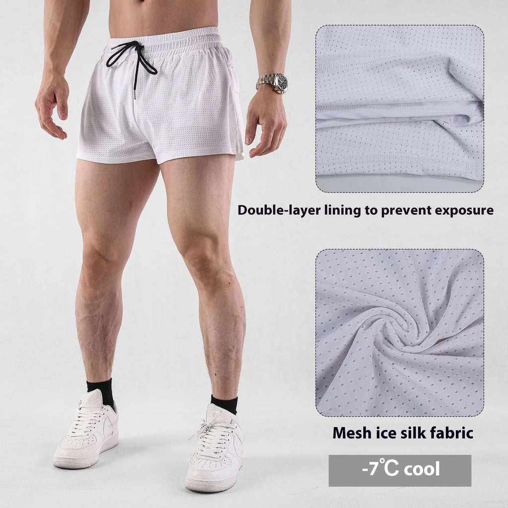 A pair of men's black quick-drying nylon shorts with a mid waist, laid flat.