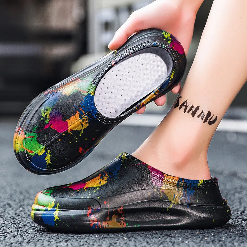 Men's black EVA platform pump work shoes with a toe cap and textured sole for chefs and gardening.