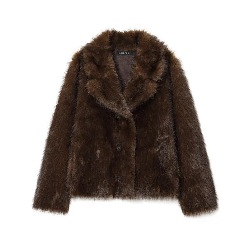 Women's double-sided artificial fur jacket coat in brown with faux fur collar, long sleeves, regular length.