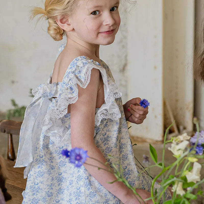 Girls' strawberry lace bow cotton top in purple or blue, short sleeve summer shirt, 90-150cm