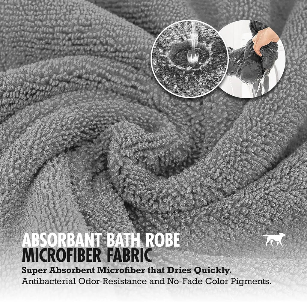Super absorbent dog bathrobe robe on a dog, showing hook and loop closure and soft material.
