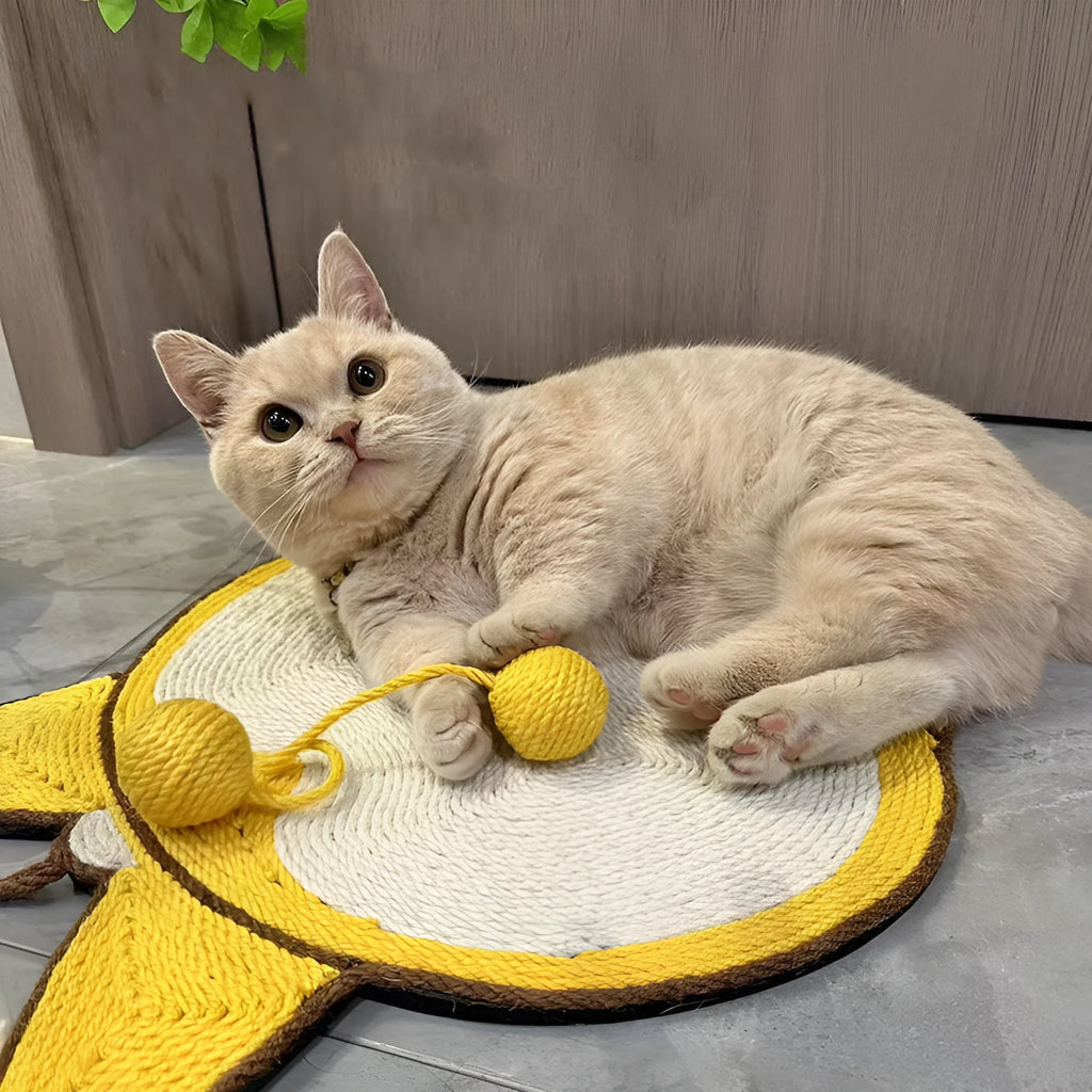 Yellow cat scratching pad with corgi design measuring 37x40cm with natural sisal surface