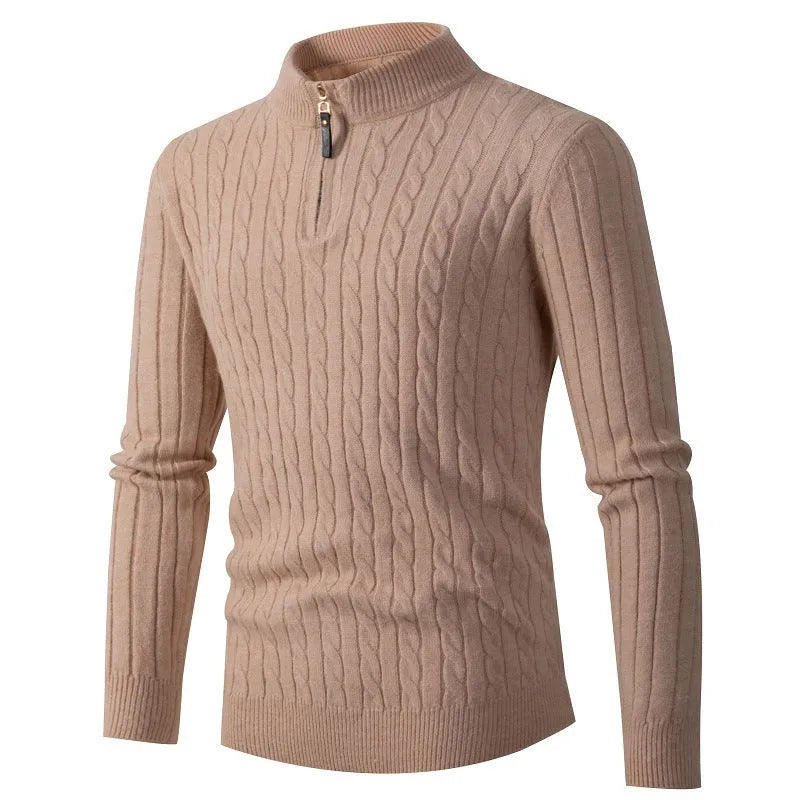 Men's thick twist zipper half open high collar sweater in gray