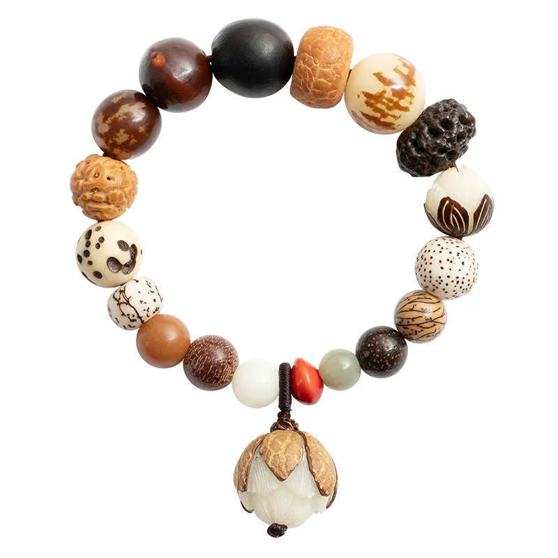 Handmade Bodhi seed bracelet with 18 natural beads in geometric pattern measuring 16cm