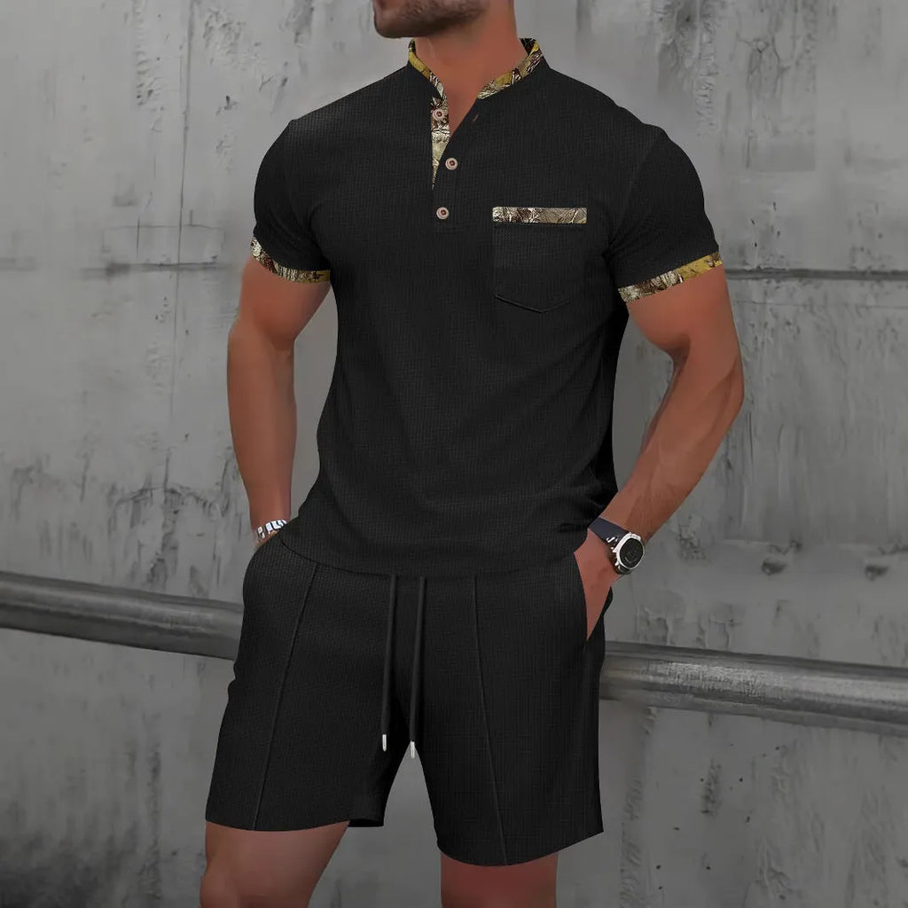 Men's waffle texture cotton blend zipper polo short sleeve suit with matching shorts in solid colour