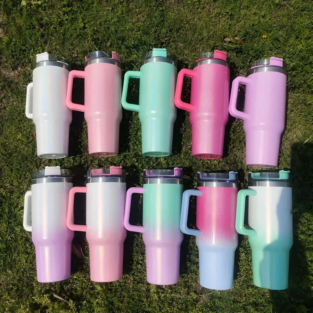 Tall stainless steel vacuum insulation cup in a gradient colour, showing its 27.5cm height and 10cm diameter.