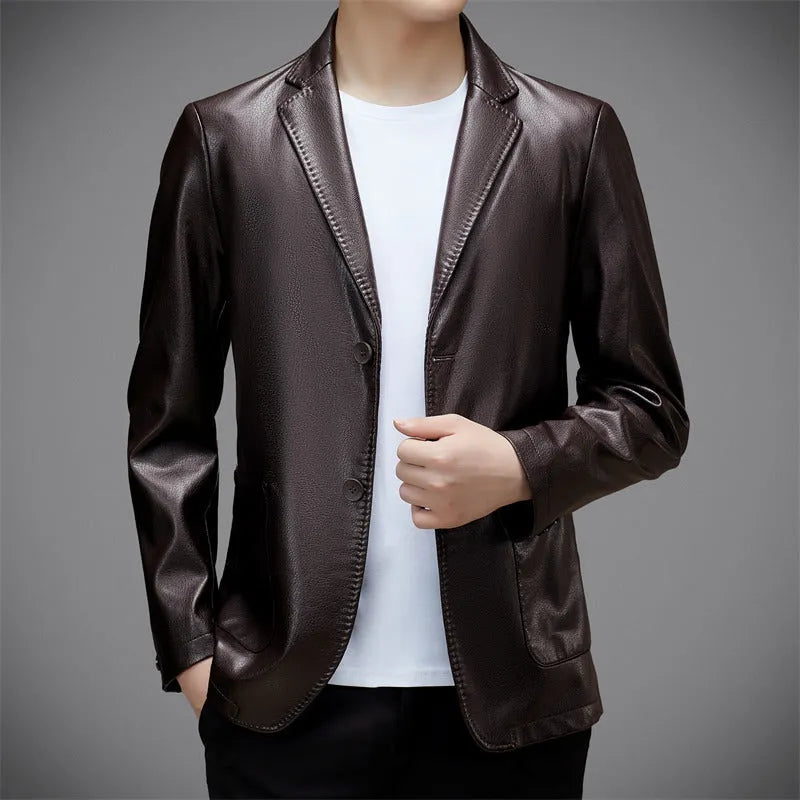 Men's trendy PU leather jacket coat in black, Korean style, sizes 170-195