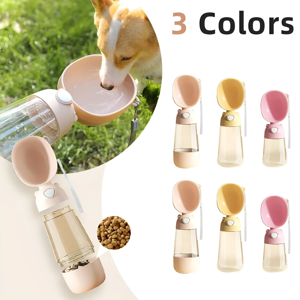 Portable dog water bottle and feeder bowl in PP plastic, shown in brown, pink, and yellow colours.