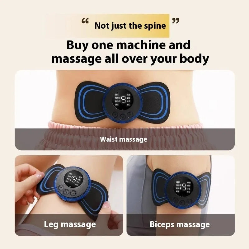 Portable EMS shoulder and neck massage instrument with USB power and ABS shell, shown with remote control and patch options.