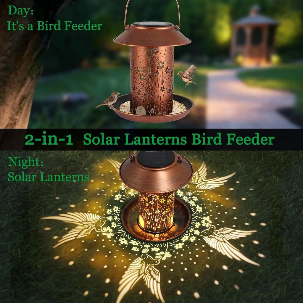 Solar-powered iron bird feeder with hummingbird pattern and built-in LED lamp for outdoor garden use