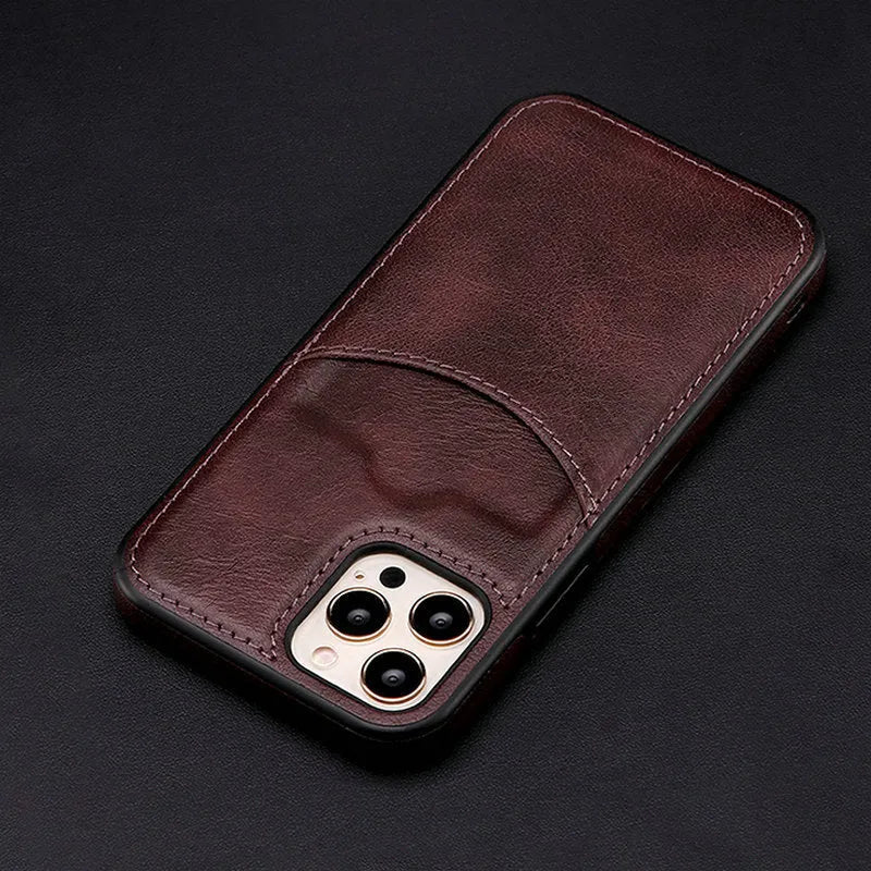 Dark blue PU leather protective case for an iPhone, showing the back and sides.