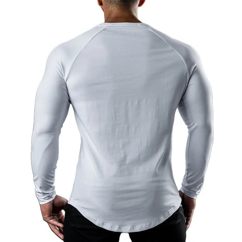 Men's long sleeve cotton sports T-shirt in Army Green with round neck and quick-drying properties