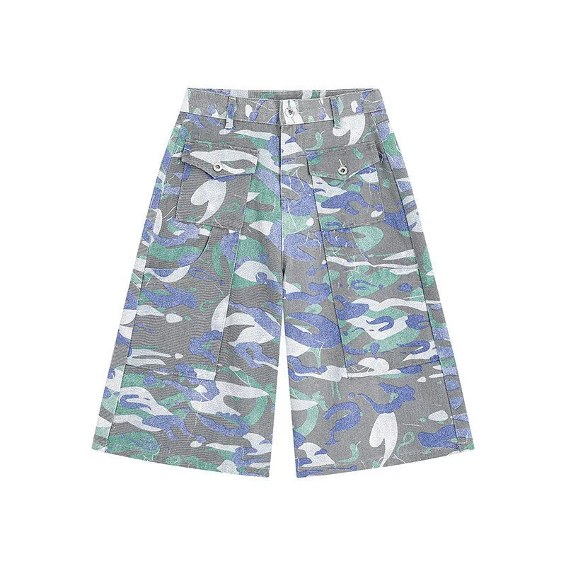Camouflage colour cotton cropped work trousers with front pockets and straight leg
