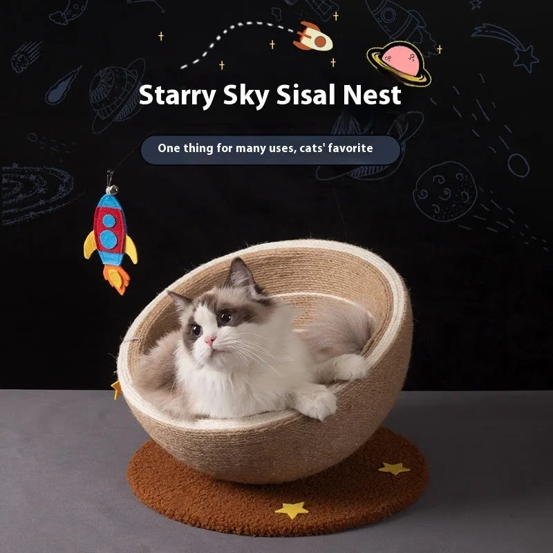 Large integrated cat scratching basin and nest with sisal scratching surface and flannel lining