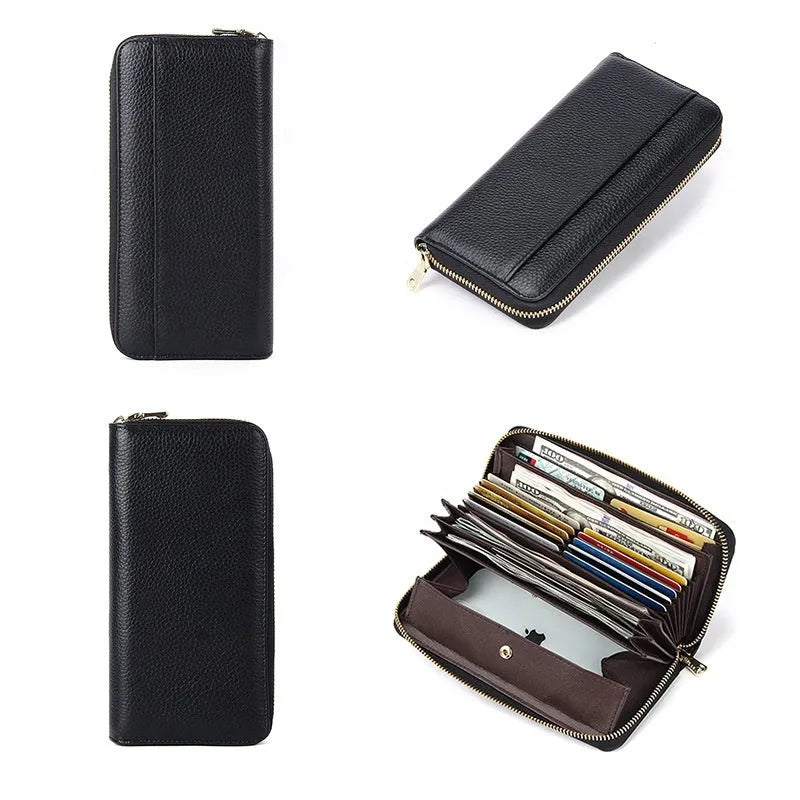 Women's long genuine leather wallet in black showing card compartments and anti-theft swiping feature
