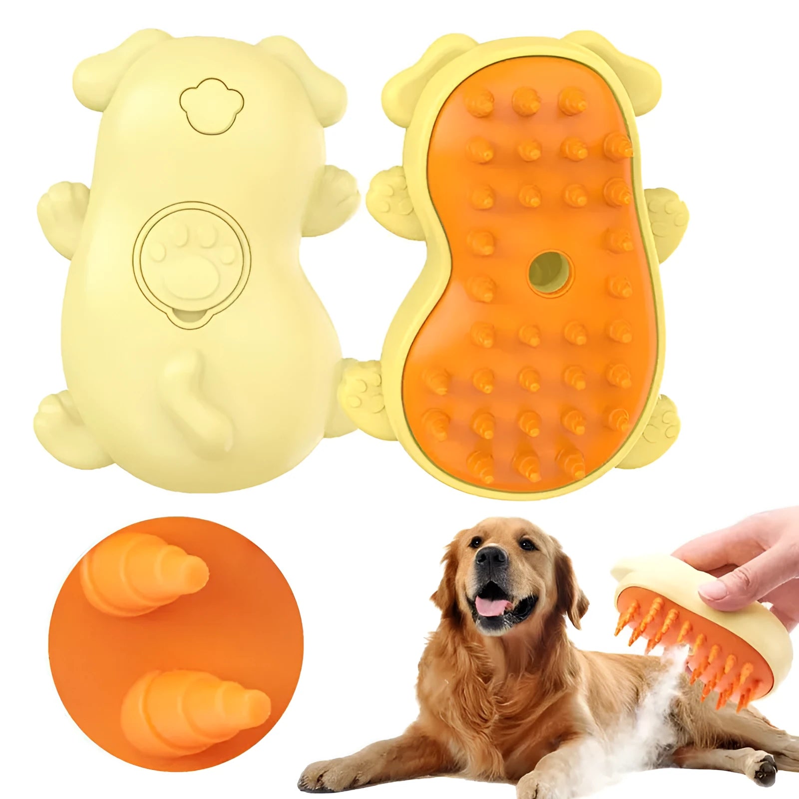 White and blue 3-in-1 steamy grooming brush for cats and dogs on a table.