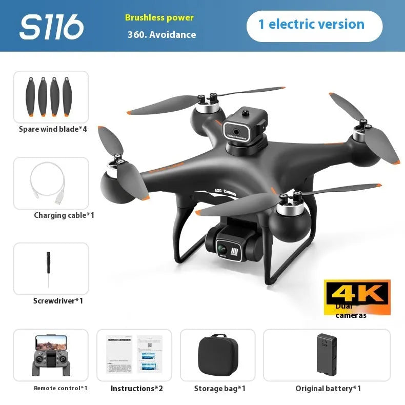 Black brushless UAV toy drone with four-side obstacle avoidance and a camera, remote controller beside it.