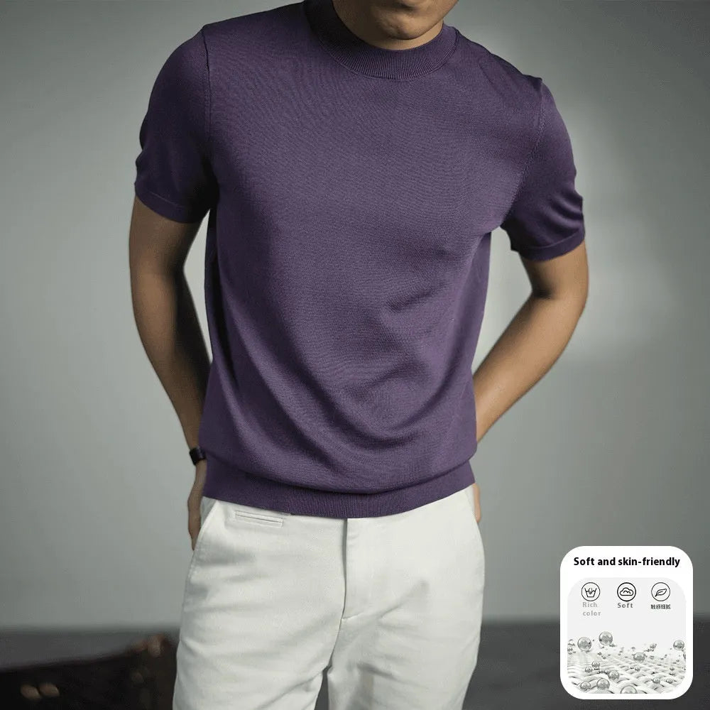 Men's knitted business T-shirt in solid colours with round neck and short sleeves