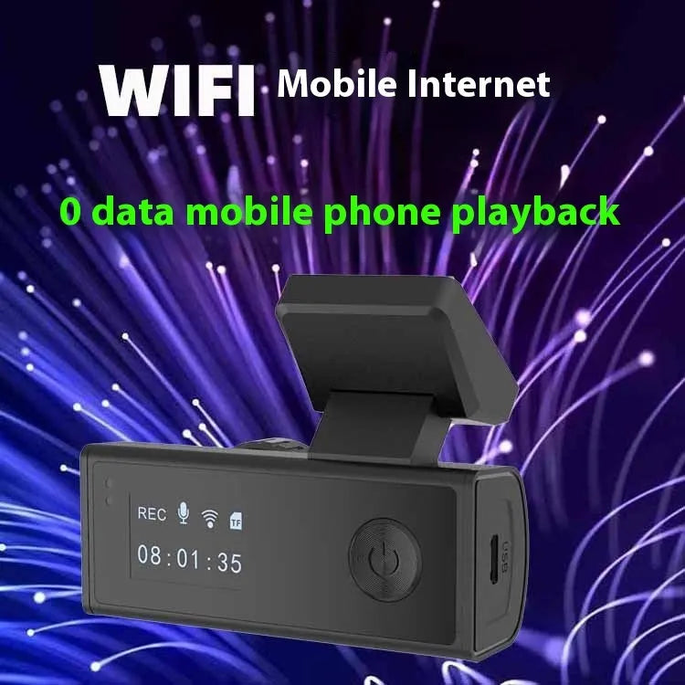 Black Wi-Fi dashcam with wide-angle lens for car installation and mobile playback