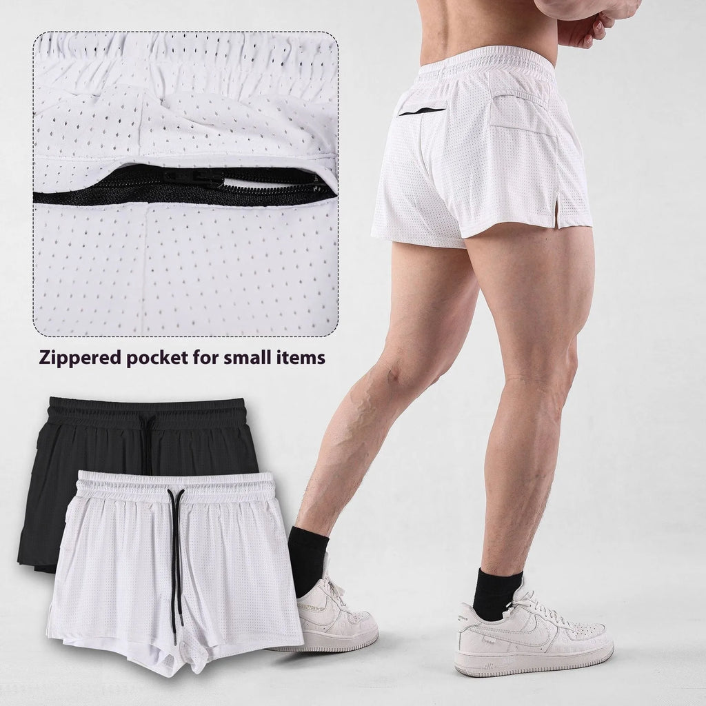 A pair of men's black quick-drying nylon shorts with a mid waist, laid flat.