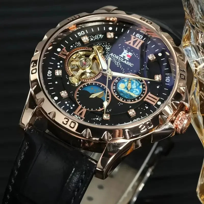 Large dial automatic mechanical watch with rose gold shell and black leather strap