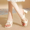 Women's open toe chunky heel sandals in apricot and milky white with PU upper, cowhide features and rubber sole