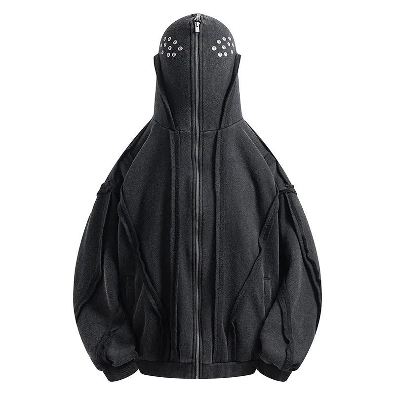 Black loose-fit men's hooded cardigan coat with a zip front on a model.