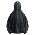 Black loose-fit men's hooded cardigan coat with a zip front on a model.