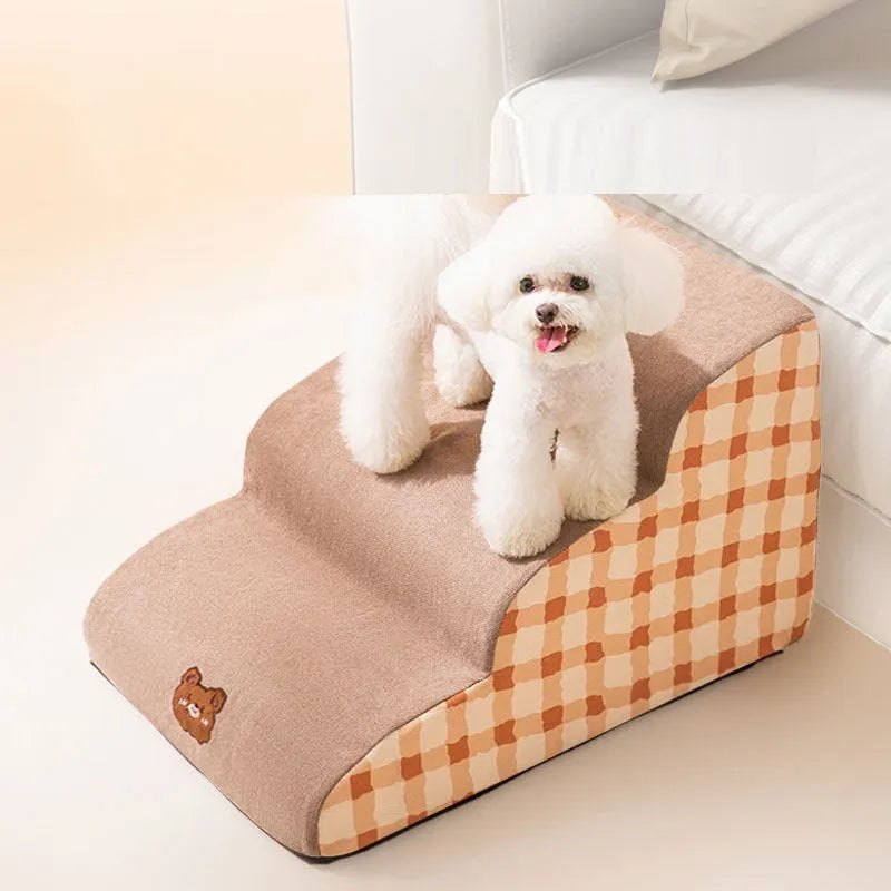 Small dog pet stairs in grey with removable sponge steps, corduroy and snow velvet cover, 40x72x40cm