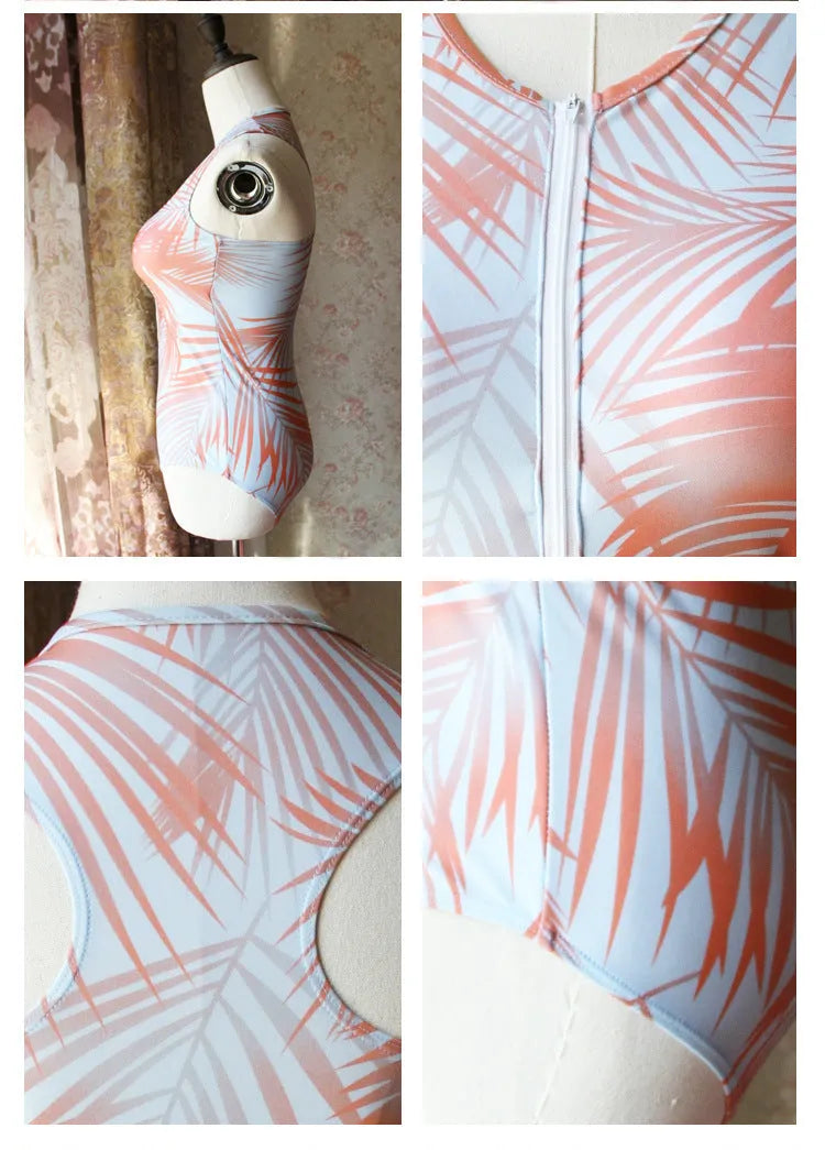 Orange women's spandex swimsuit for hot spring use, sizes S to 2XL with stretch fit