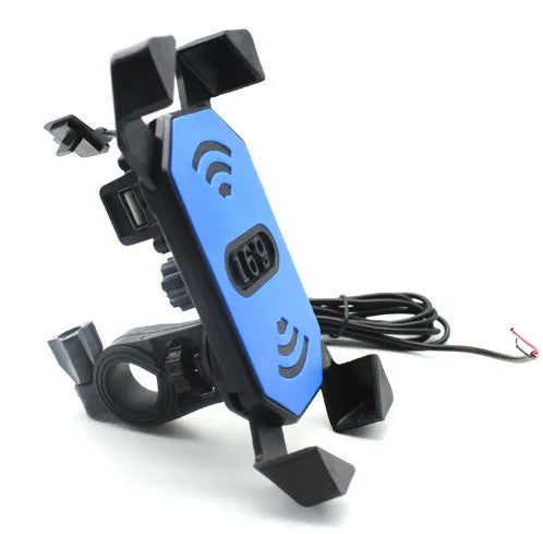 Black ABS motorcycle phone holder mounted on handlebar with adjustable clamp and USB charging cable