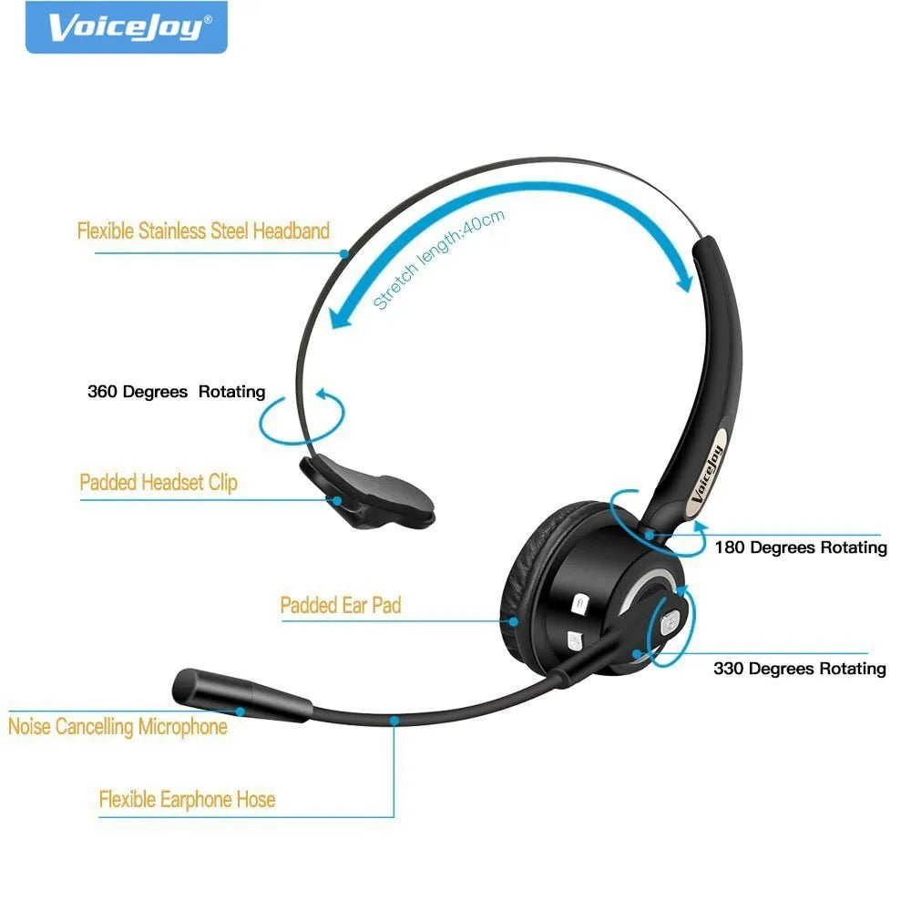 Over-ear Bluetooth headset with microphone designed for truck drivers and office use.