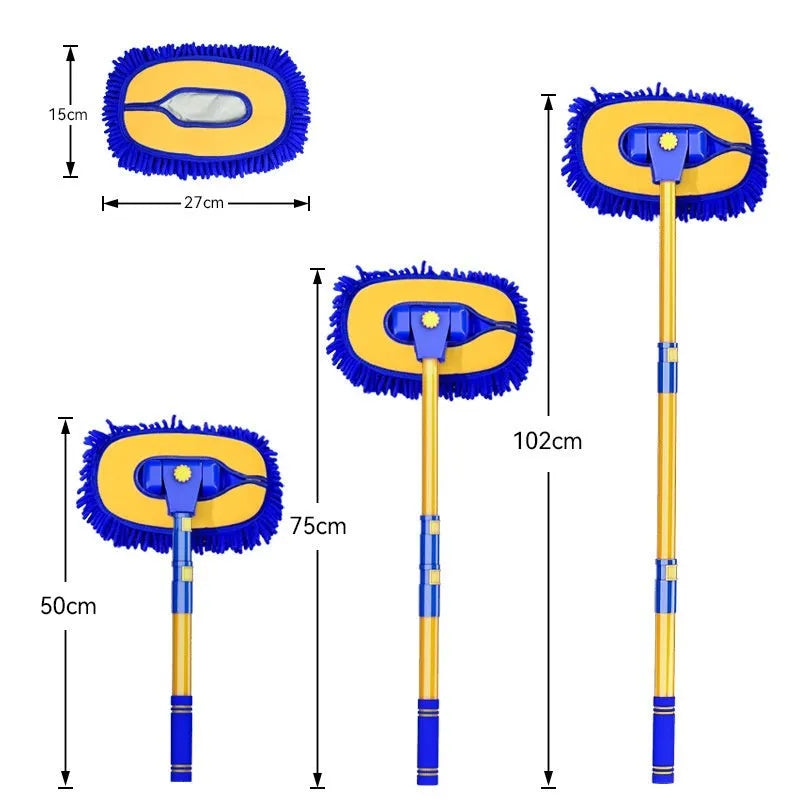 Telescopic car cleaning brush with aluminium curved rod and replaceable chenille brush head in blue and yellow colour options