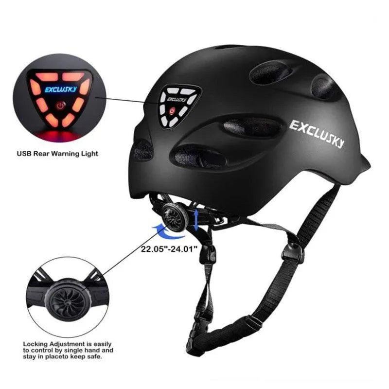 Electric LED cycling helmet with integrated tail light in black, size M 54-58cm