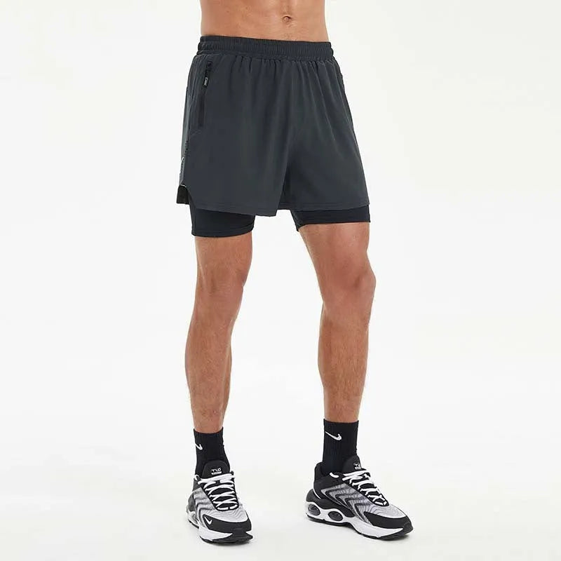 Men's black double-layer running shorts with high elastic waist for summer fitness.