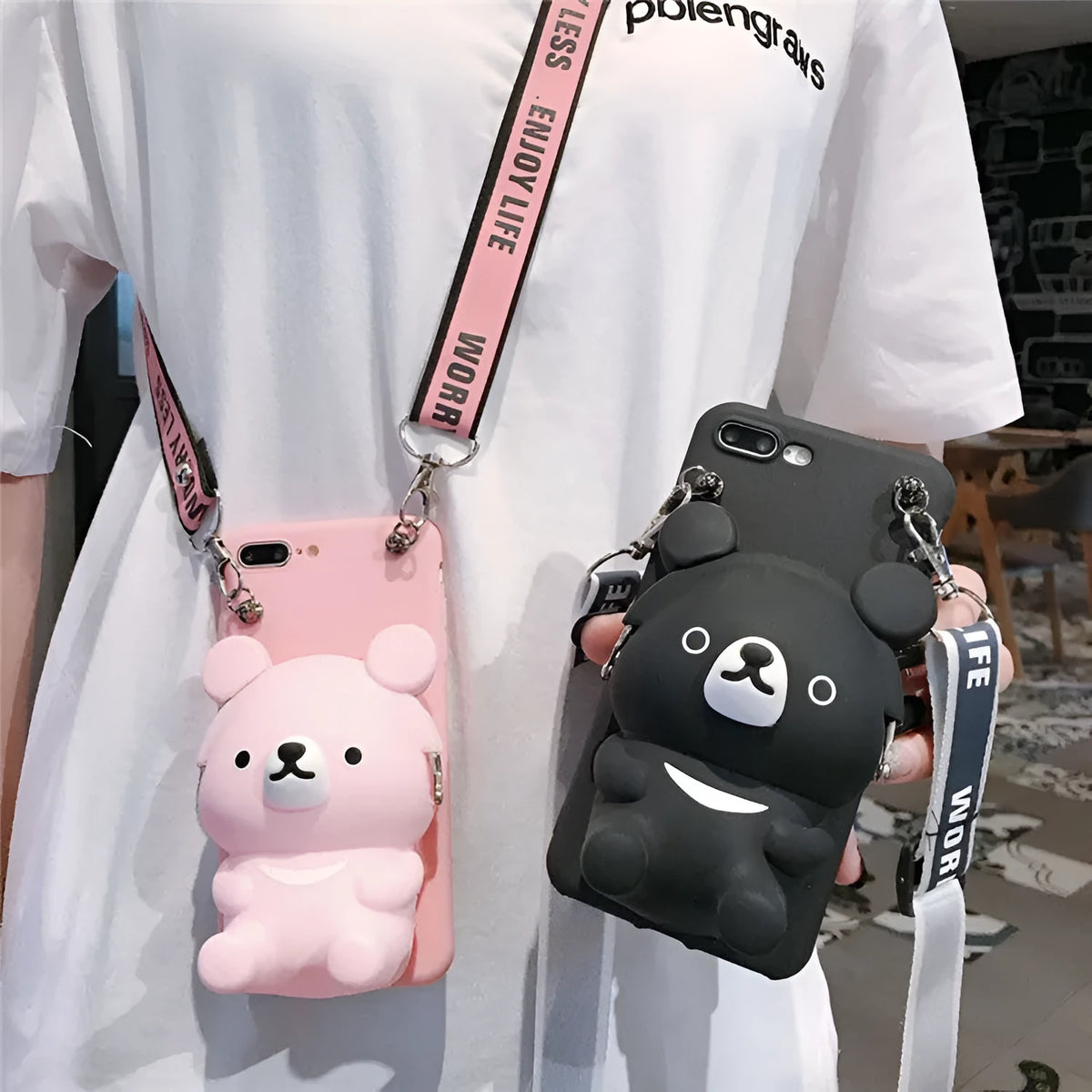 Cute bear coin purse phone case with lanyard in pink colour for iPhone showing 3D bear design